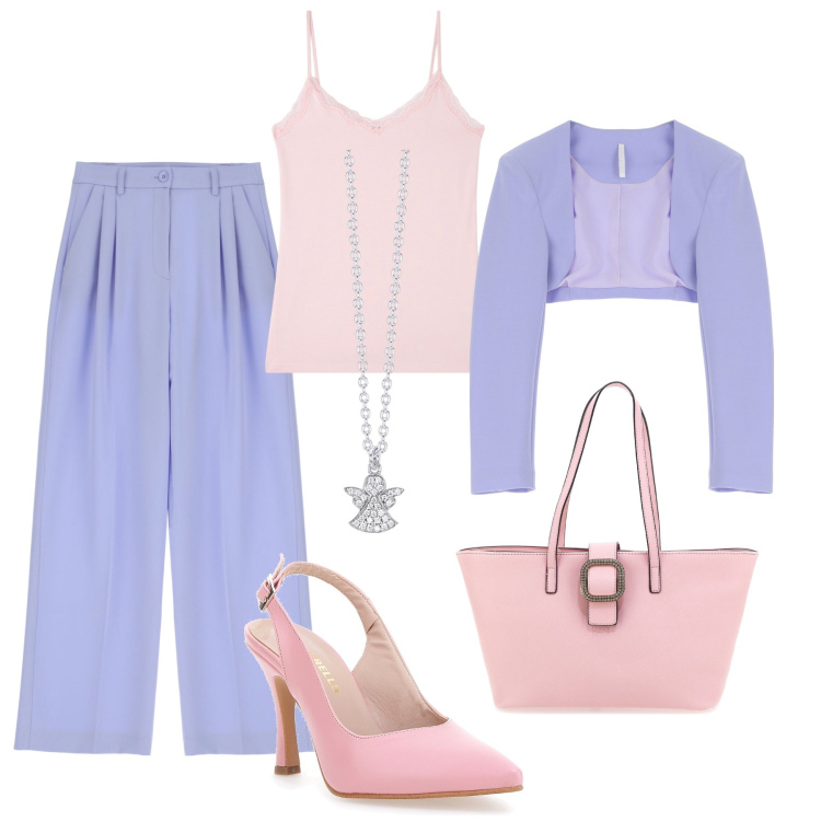 Outfit donna - Battesimo a settembre. Stile Chic per Cerimonia. Abbinamento con canottiere, collane, pantaloni, blazer, décolleté, borse a spalla.