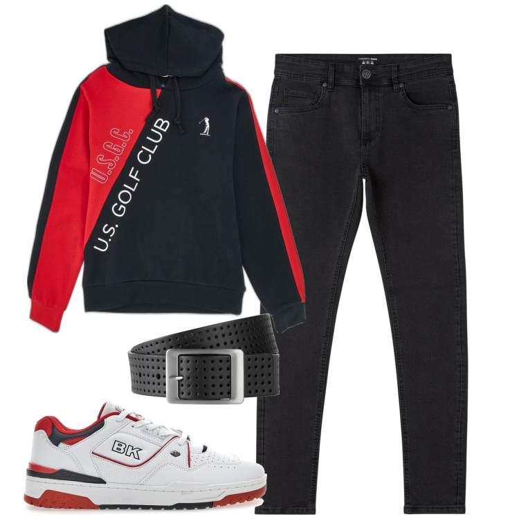 Outfit uomo - Total look #1952286. Stile Casual per Tutti i giorni. Abbinamento con cinture, jeans skinny, felpe con cappuccio, sneakers.