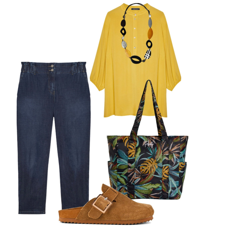 Outfit donna - Senape a settembre. Stile Casual chic per Tutti i giorni. Abbinamento con shopping bag, sabot, bluse, jeans, collane.