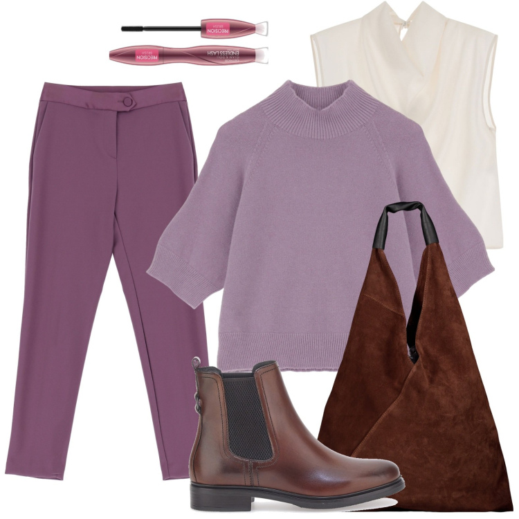 Outfit donna - Sfumature di viola. Stile Casual chic per Ufficio. Abbinamento con mascara, maglieria, pantaloni, top, stivaletti, borse a spalla.