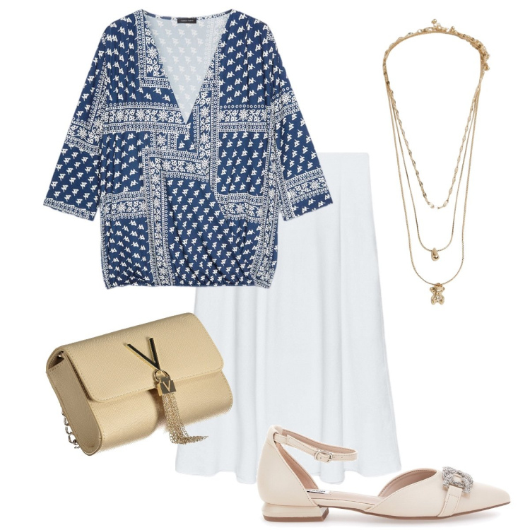 Outfit donna - Stampa sulla blusa. Stile Bon Ton per Serata fuori. Abbinamento con ciondoli, ballerine, gonne, borse a tracolla, t-shirt.