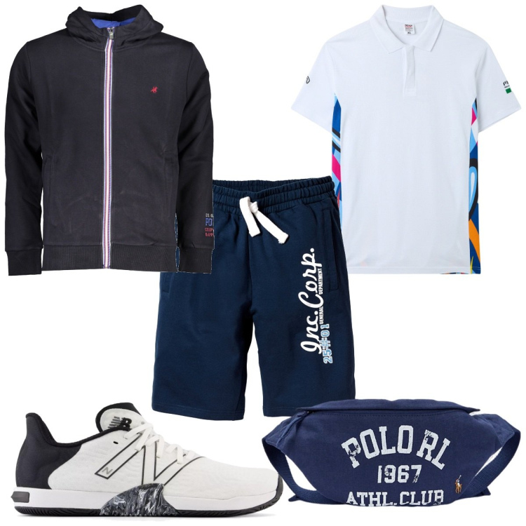 Outfit uomo - Total look #1952426. Stile Trendy per Sport. Abbinamento con bermuda, polo, sneakers, borse sportive, felpe con cappuccio.
