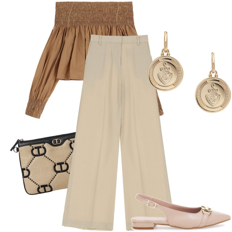 Outfit donna - Bordi elasticizzati. Stile Bon Ton per Ufficio. Abbinamento con pantaloni a palazzo, bluse, orecchini, clutch, ballerine.