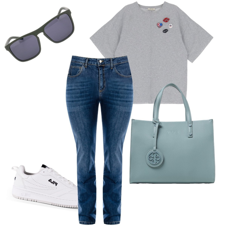 Outfit donna - Esco con le sneakers. Stile Casual per Tutti i giorni. Abbinamento con jeans dritti, t-shirt, sneakers, borse tote, occhiali da sole.