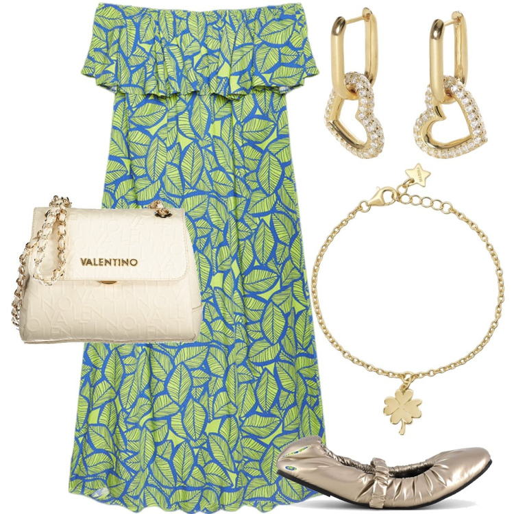 Outfit donna - Ultimi giorni di estate. Stile Bon Ton per Serata fuori. Abbinamento con orecchini, braccialetti con ciondoli, ballerine, vestiti lunghi, borse a spalla.