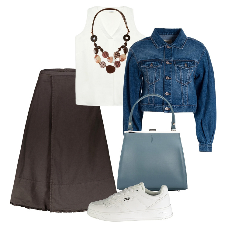 Outfit donna - Gonna sporty chic. Stile Sporty chic per Tutti i giorni. Abbinamento con giacche, top, clutch, gonne lunghe, sneakers, collane.