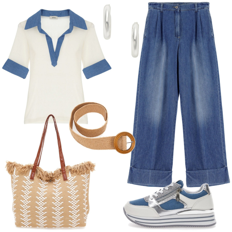 Outfit donna - Per tutti i giorni. Stile Casual per Tutti i giorni. Abbinamento con jeans, camicie a manica corta, orecchini, sneakers, borse a spalla, cinture.