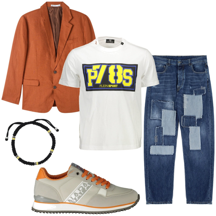 Outfit uomo - Arancio e patchwork. Stile Trendy per Tutti i giorni. Abbinamento con giacche, braccialetti, jeans, sneakers, t-shirt.