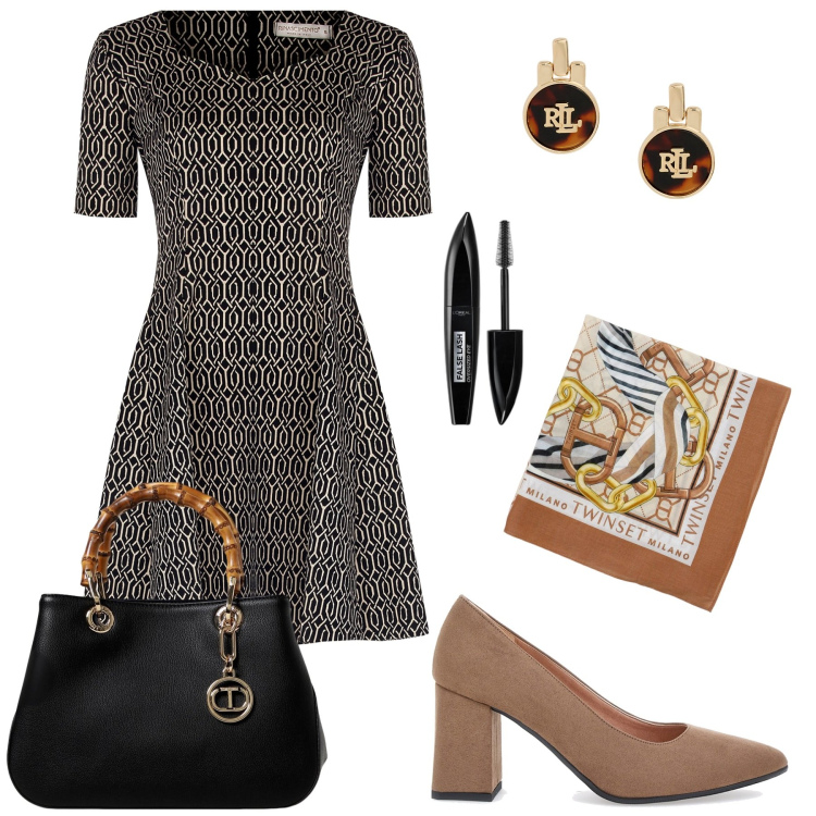 Outfit donna - Riunione di lavoro. Stile Chic per Ufficio. Abbinamento con mascara, vestiti corti, orecchini, borse a mano, sciarpe, décolleté.