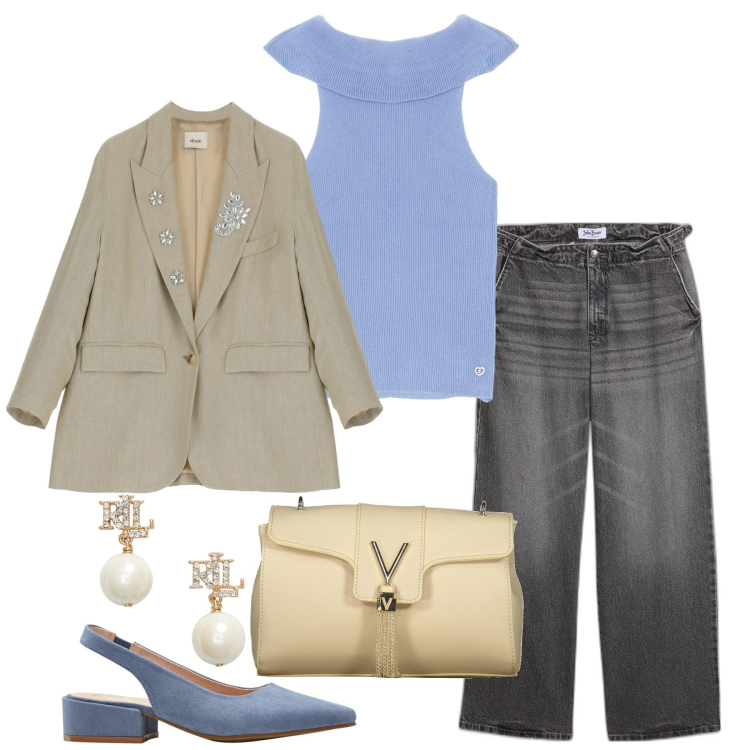 Outfit donna - Giornata da slingback. Stile Chic per Tutti i giorni. Abbinamento con décolleté, jeans, top, blazer, orecchini, borse a tracolla.