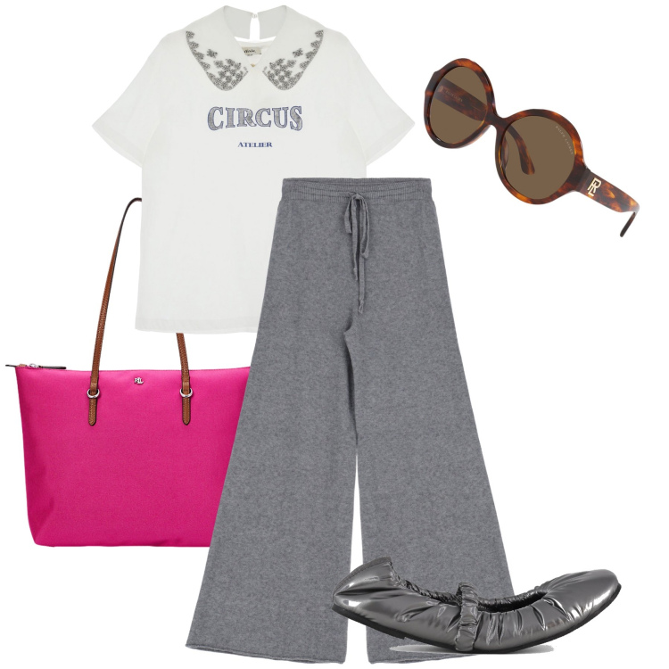 Outfit donna - Al mercato. Stile Casual chic per Tutti i giorni. Abbinamento con pantaloni, t-shirt, occhiali da sole, borse tote, ballerine.