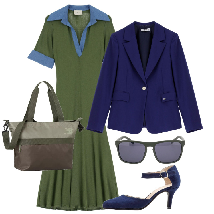 Outfit donna - Ufficio blu e verde. Stile Bon Ton per Ufficio. Abbinamento con décolleté, borse tote, blazer, vestiti midi/longuette, occhiali da sole.
