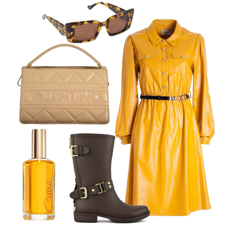 Outfit donna - Senape. Stile Trendy per Ufficio. Abbinamento con profumi, vestiti chemisier, stivali, borse a mano, occhiali da sole.