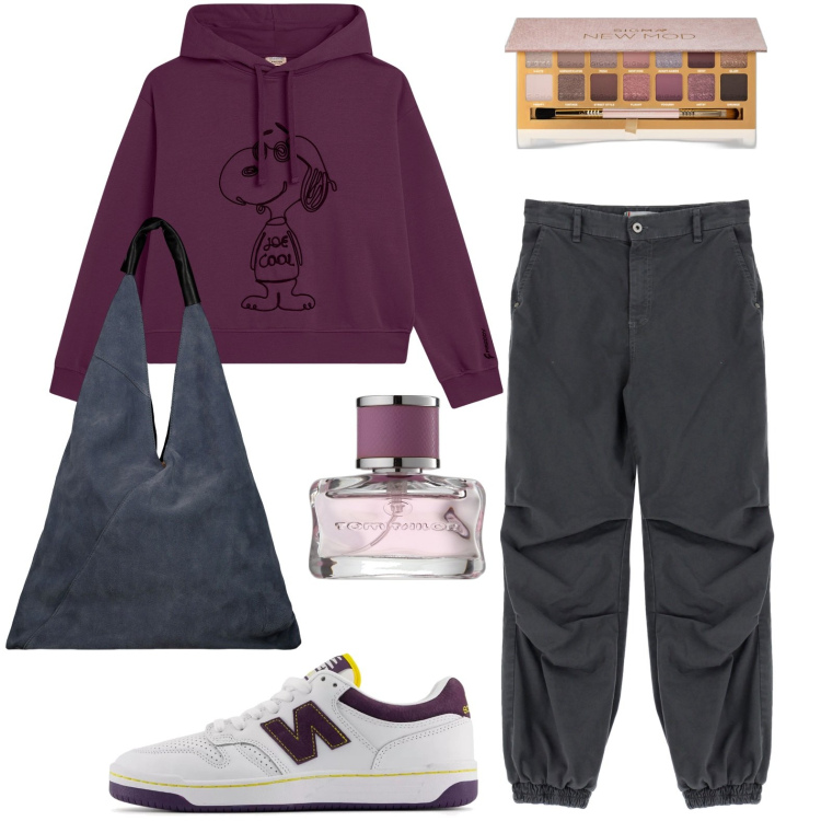Outfit donna - Cargo&crop. Stile Basic per Tutti i giorni. Abbinamento con profumi, ombretti, sneakers, pantaloni, felpe con cappuccio, borse a spalla.