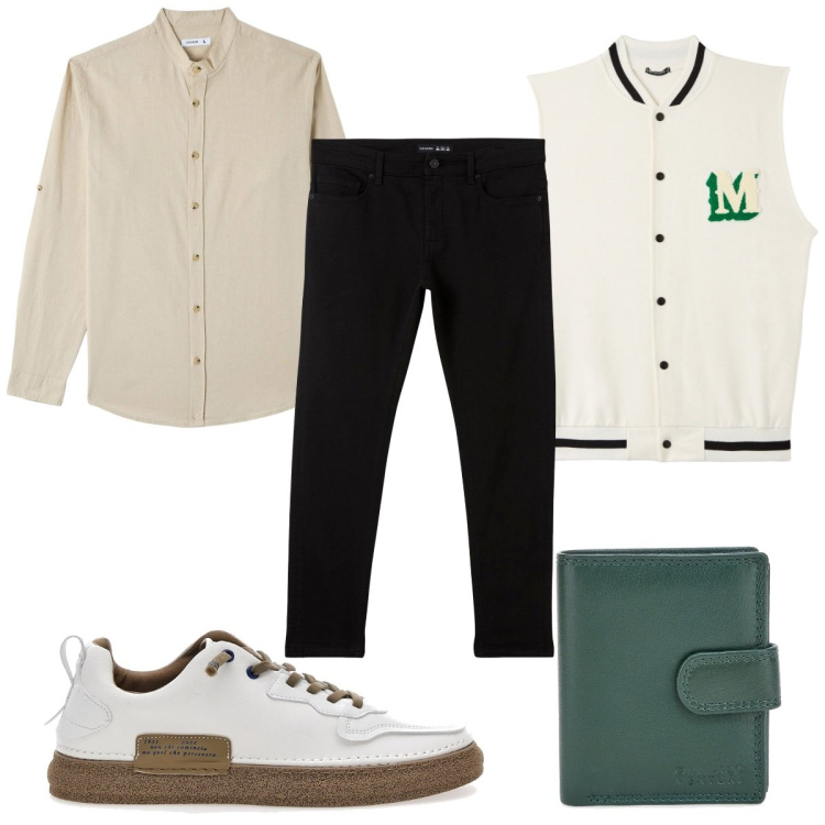 Outfit uomo - Total look #1952559. Stile Casual per Tutti i giorni. Abbinamento con camicie, gilet, pantaloni skinny, scarpe stringate, portafogli.
