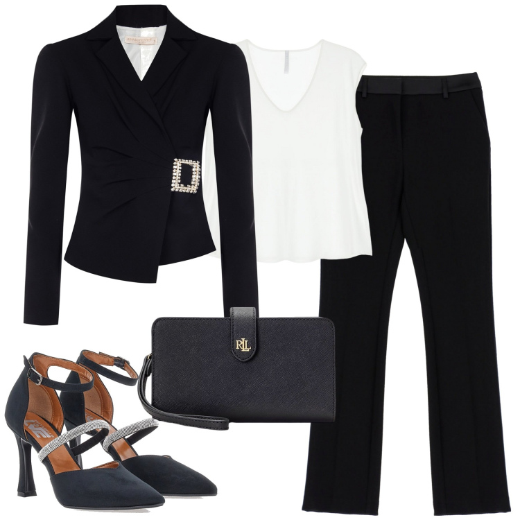 Outfit donna - Evento. Stile Chic per Serata fuori. Abbinamento con pantaloni, top, blazer, pochette, décolleté.