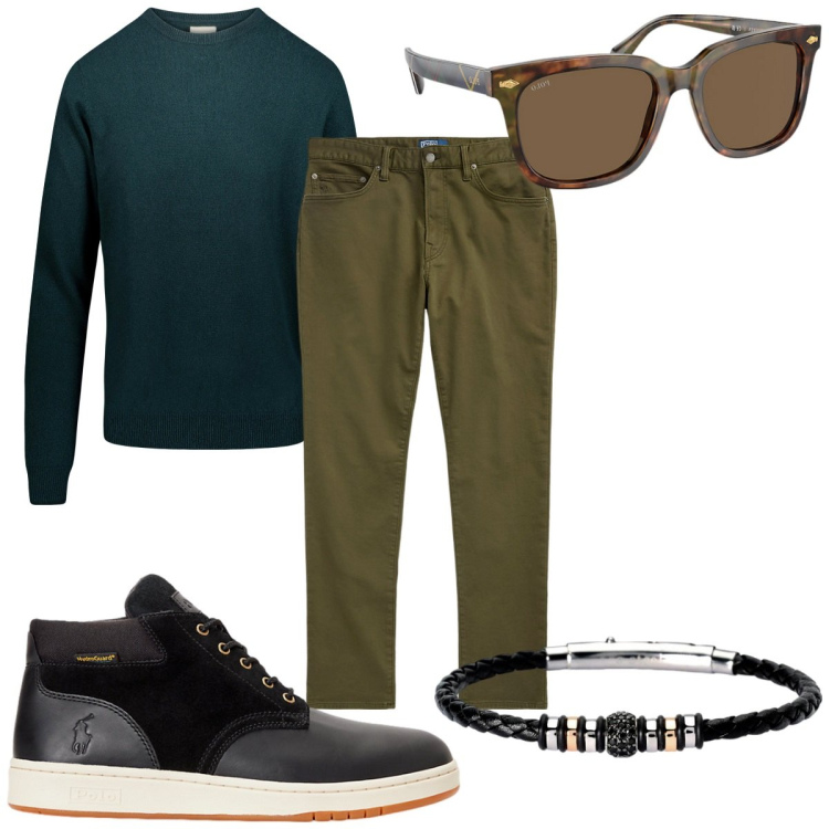 Outfit uomo - Total look #1952571. Stile Trendy per Tutti i giorni. Abbinamento con braccialetti, stivali, occhiali da sole, pantaloni chino, maglieria.