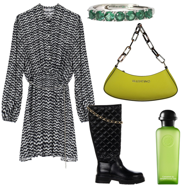 Outfit donna - Chemisier morbido. Stile 70s per Ufficio. Abbinamento con profumi, anelli, stivali, vestiti chemisier, borse a spalla.