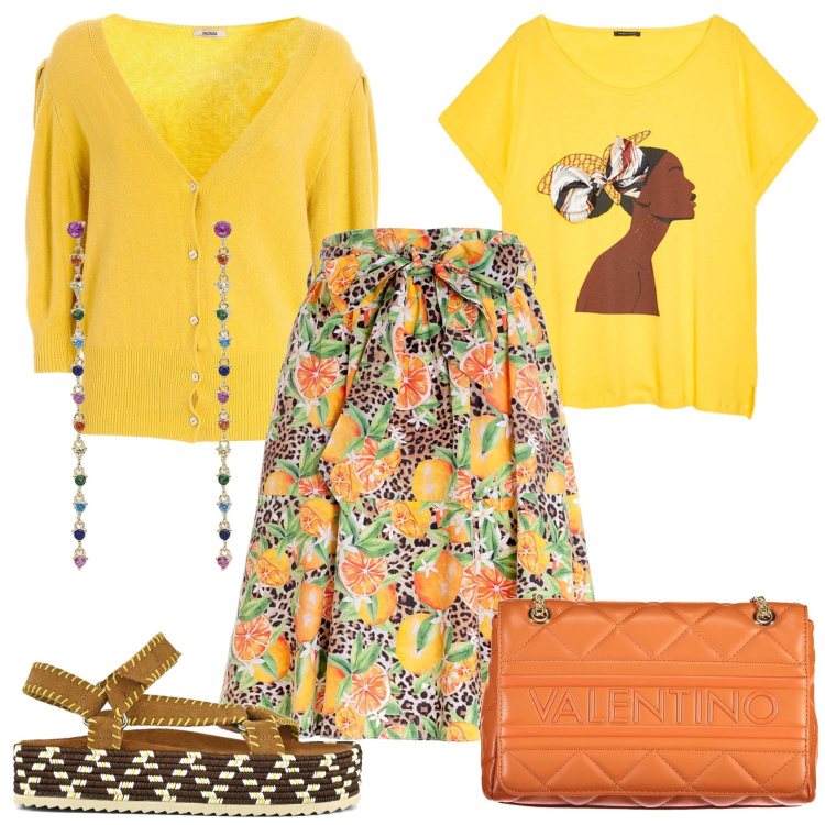 Outfit donna - Senape. Stile Casual per Ufficio. Abbinamento con orecchini, gonne longuette, cardigans, sandali, t-shirt, borse a spalla.