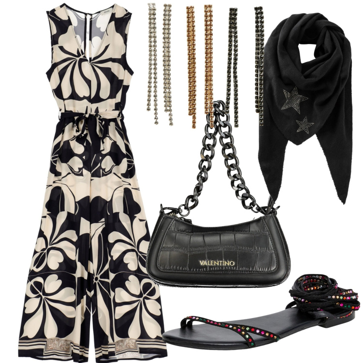 Outfit donna - Grandi fiori. Stile 70s per Serata fuori. Abbinamento con foulard, sandali alla schiava, orecchini, tute, borse a spalla.