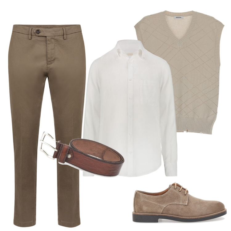 Outfit uomo - Elegante con il gilè. Stile Business/Elegante per Ufficio. Abbinamento con pullovers, pantaloni chino, camicie, cinture, scarpe stringate.