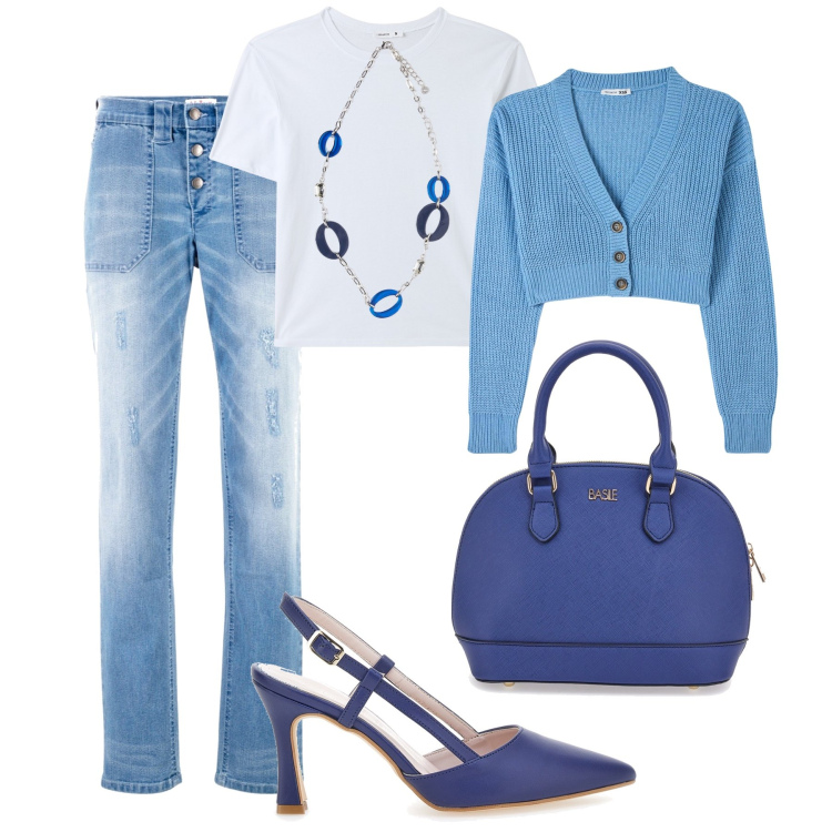 Outfit donna - Easy day, ma ai tacchi non rinuncio. Stile Trendy per Tutti i giorni. Abbinamento con jeans boyfriend, cardigans, t-shirt, ciondoli, borse a mano, décolleté.