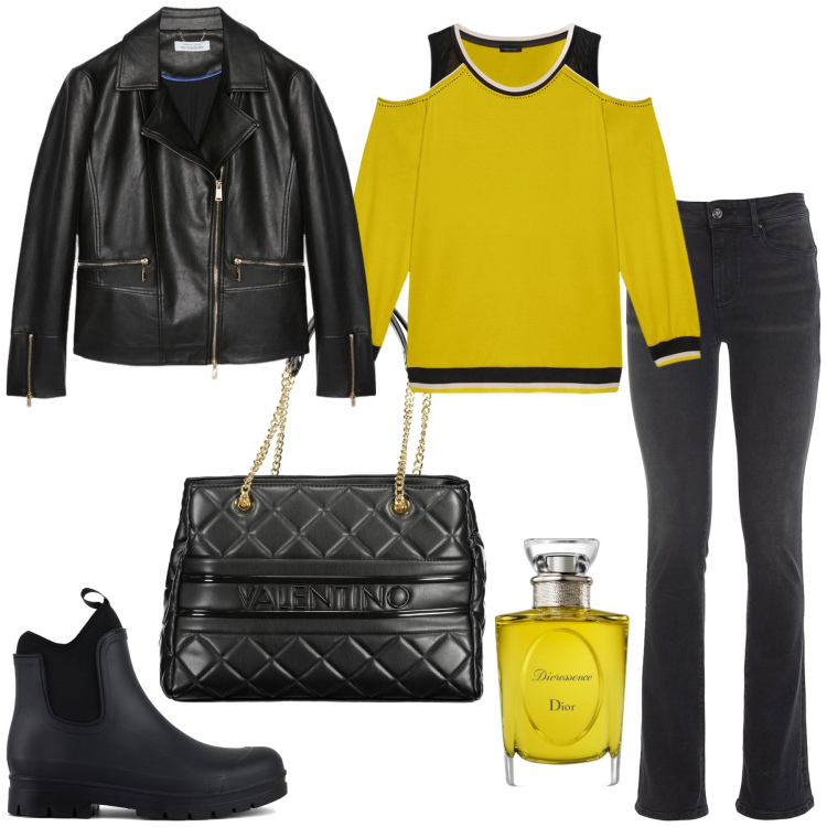 Outfit donna - al pub con amici. Stile Rock per Tutti i giorni. Abbinamento con profumi, jeans bootcut, stivali, t-shirt, blazer, borse a spalla.