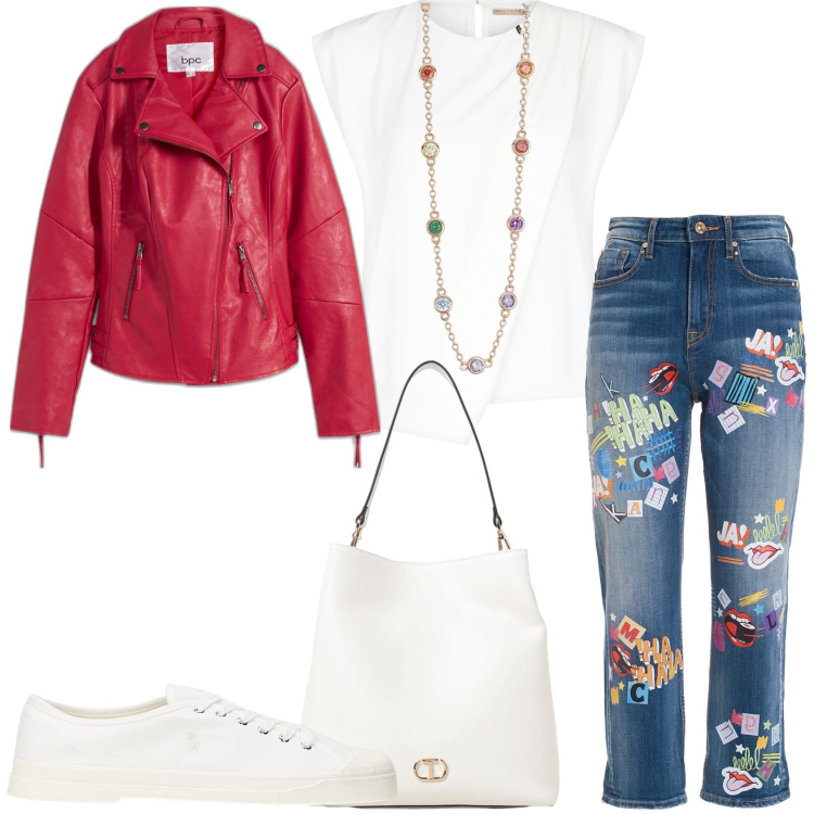 Outfit donna - In giro per la città. Stile Glamour per Tutti i giorni. Abbinamento con blazer, collane, bluse, jeans, sneakers, borse a spalla.