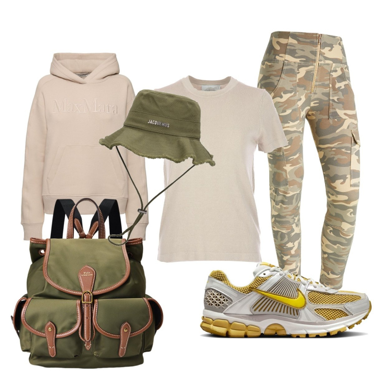 Outfit donna - Total look #1952691. Stile Military per Sport. Abbinamento con pantaloni cargo, zaini, sneakers, cappelli, t-shirt, felpe con cappuccio.