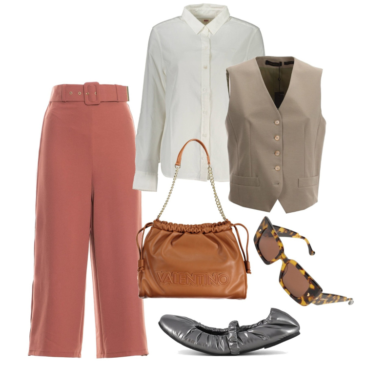 Outfit donna - Rientro in ufficio. Stile Bon Ton per Ufficio. Abbinamento con pantaloni, ballerine, camicie, occhiali da sole, gilet, borse a spalla.