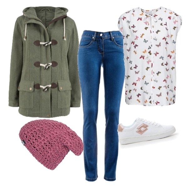 Outfit donna - Sport style. Stile Basic per Tutti i giorni. Abbinamento con jeans dritti, montgomery con cappuccio, bluse, sneakers bianco, berretto in denim taglia unica viola.