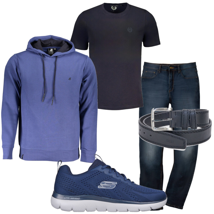 Outfit uomo - In città. Stile Casual per Tutti i giorni. Abbinamento con jeans dritti, felpe con cappuccio, cinture, t-shirt, sneakers.