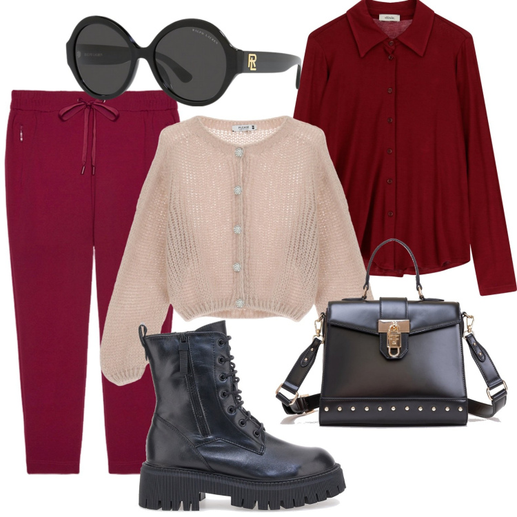 Outfit donna - Chic per l\'ufficio. Stile Casual chic per Ufficio. Abbinamento con cardigans, borse tote, camicie, occhiali da sole, anfibi, pantaloni.