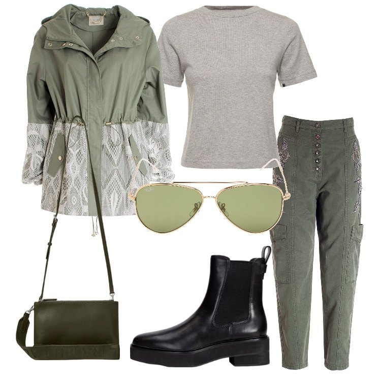 Outfit donna - Military con gusto. Stile Military per Tutti i giorni. Abbinamento con pantaloni, parka, borse a tracolla, stivaletti chelsea, t-shirt, occhiali da sole.