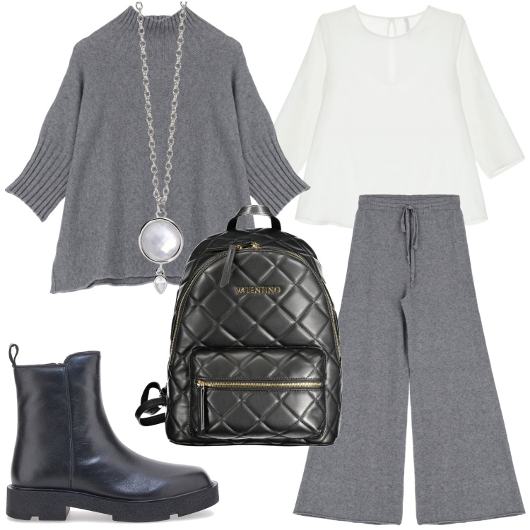 Outfit donna - Grigio perla per l\'autunno. Stile Chic per Scuola/Università. Abbinamento con collane, pantaloni, maglieria, camicie, stivaletti, zaini.
