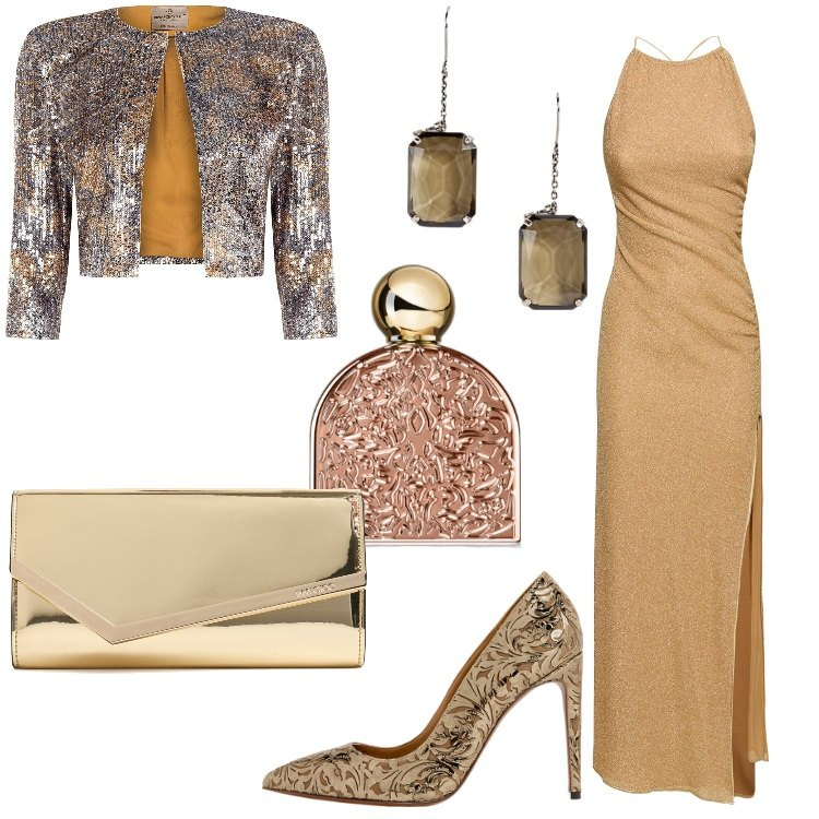 Outfit donna - Glamour Venice. Stile Glamour per Serata fuori. Abbinamento con profumi, blazer, décolleté, orecchini, vestiti lunghi, pochette.