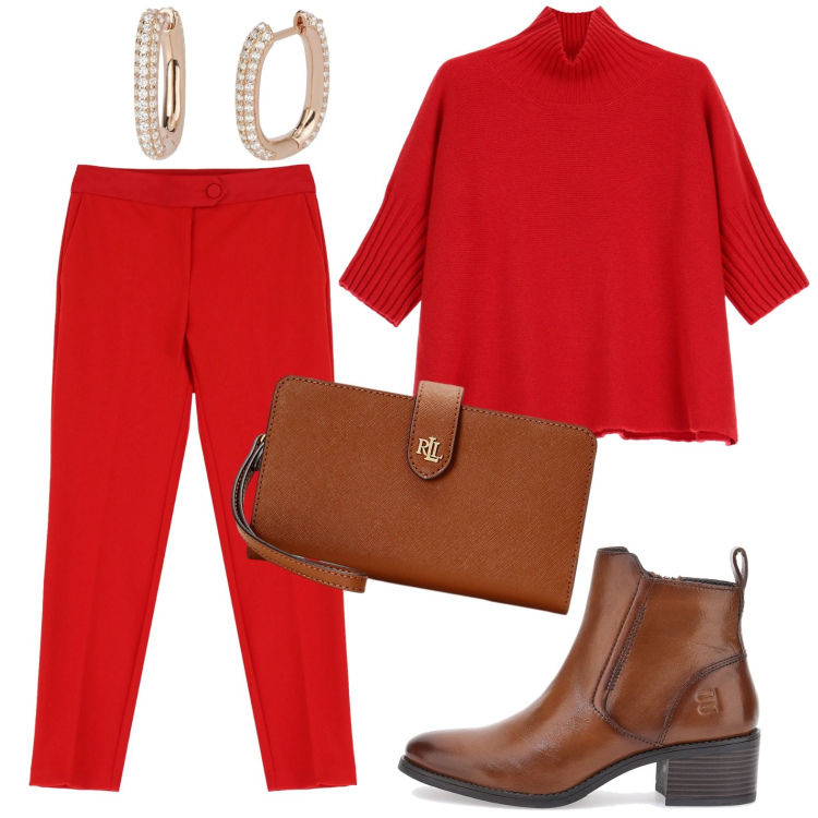 Outfit donna - Al lavoro con classe. Stile Chic per Ufficio. Abbinamento con maglieria, pantaloni, orecchini, pochette, stivaletti.