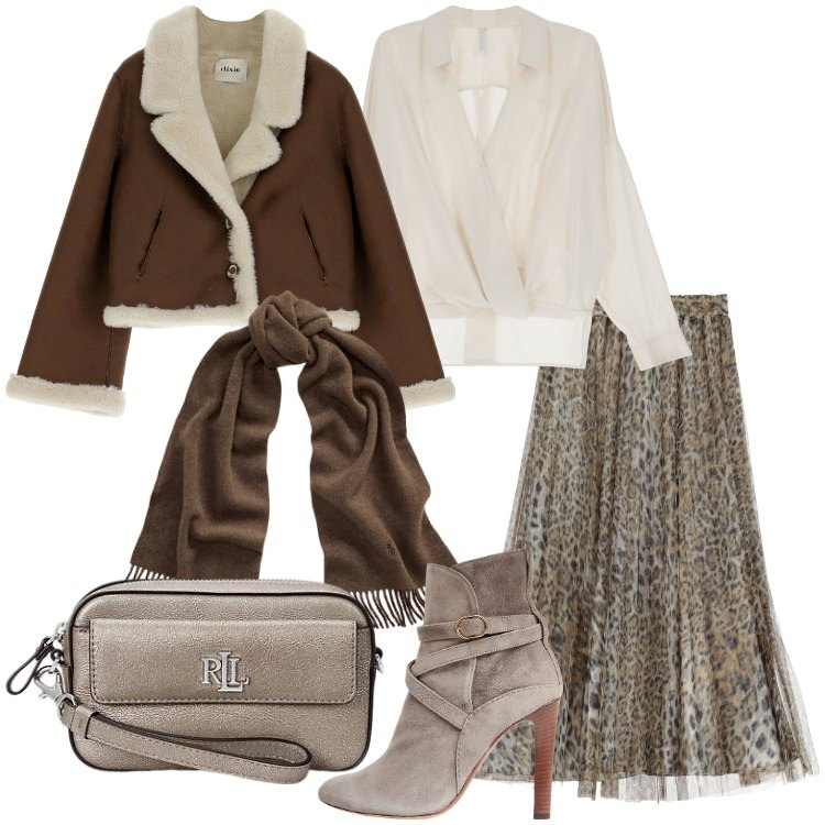 Outfit donna - Idee autunnali. Stile Trendy per Serata fuori. Abbinamento con camicie, gonne, blazer, sciarpe, stivaletti, pochette.