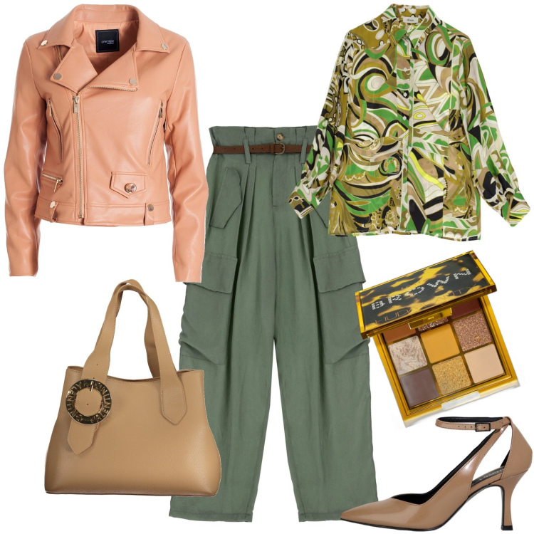 Outfit donna - Cargo in ufficio. Stile Casual chic per Ufficio. Abbinamento con ombretti, giacche, camicie, pantaloni cargo, décolleté, borse a spalla.