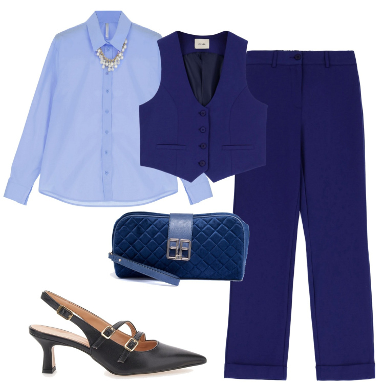 Outfit donna - Settembre. Stile Trendy per Tutti i giorni. Abbinamento con camicie, pochette, pantaloni, gilet, décolleté.