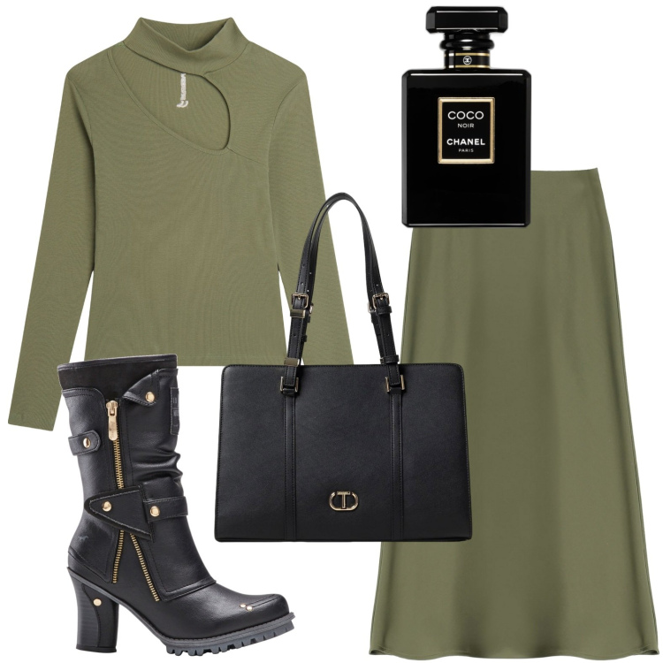 Outfit donna - Carismatica in verde. Stile Glamour per Ufficio. Abbinamento con stivali, profumi, gonne longuette, maglieria, borse tote.