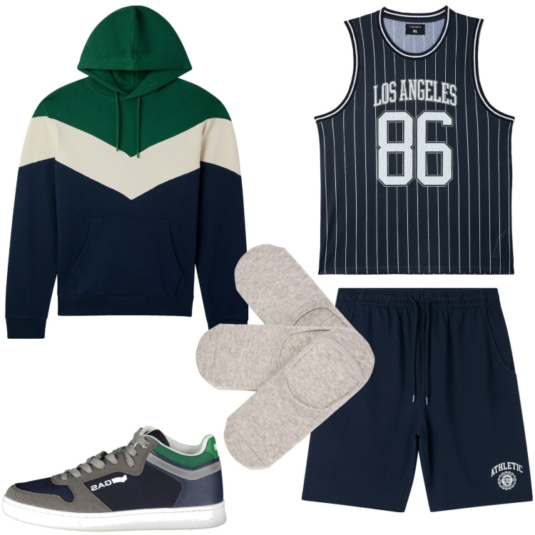 Outfit uomo - Al campo da basket all\'aperto. Stile Urban per Sport. Abbinamento con felpe con cappuccio, calzini, bermuda, canottiere, scarpe sportive.