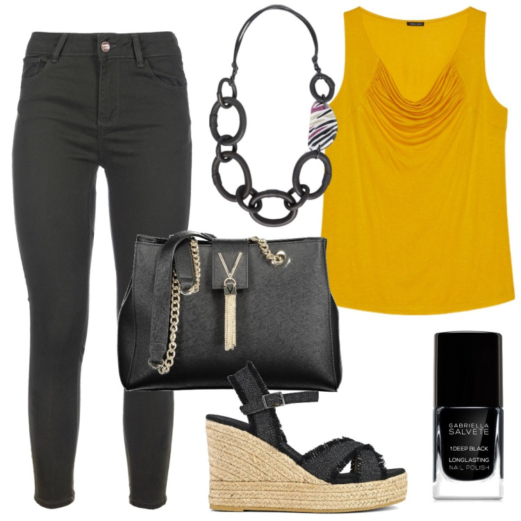 Outfit donna - Frizzante. Stile Casual per Tutti i giorni. Abbinamento con smalti, jeans skinny, top, borse a spalla, sandali, collane.