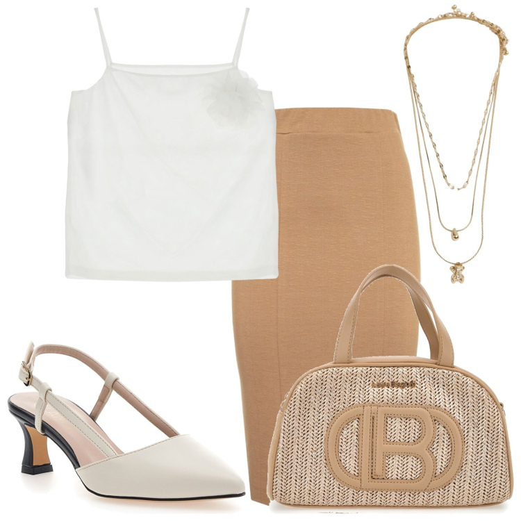 Outfit donna - Biscotto bonton. Stile Bon Ton per Ufficio. Abbinamento con top, ciondoli, décolleté, gonne lunghe, borse a mano.