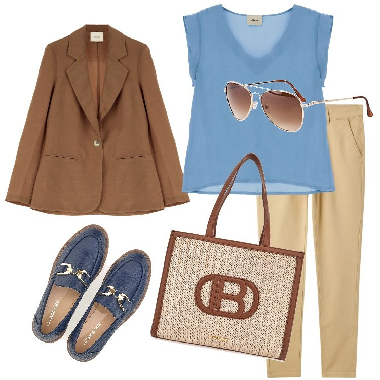 Outfit donna - Office look. Stile Casual chic per Ufficio. Abbinamento con occhiali da sole, pantaloni chino, canottiere, blazer, borse a spalla, mocassini.