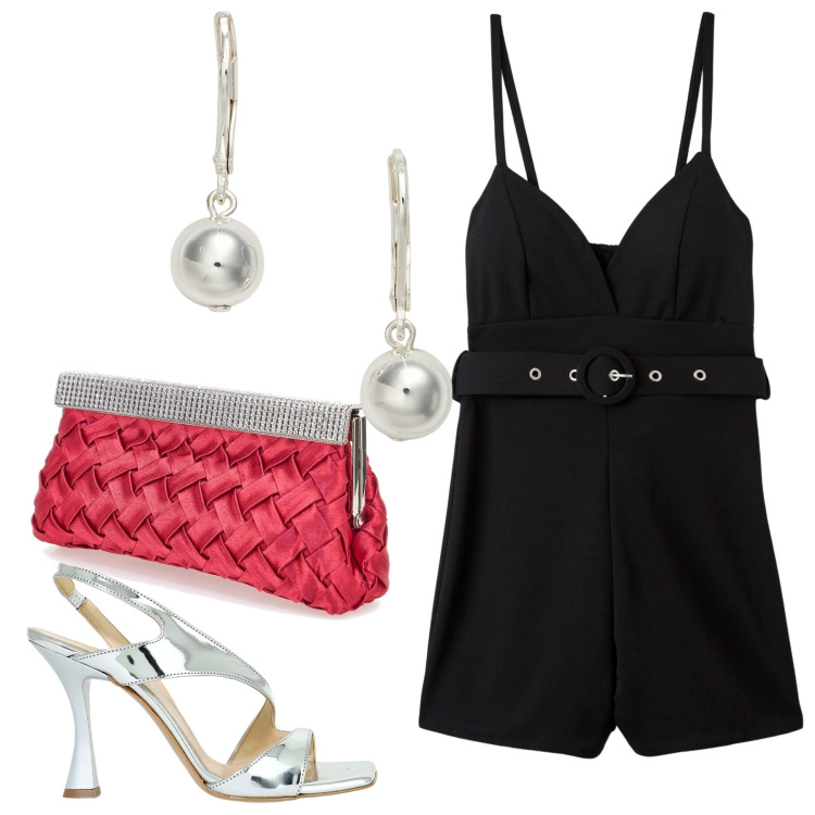 Outfit donna - Che serata!. Stile Sexy per Serata fuori. Abbinamento con tuta corta, sandali in pelle, orecchini, pochette.