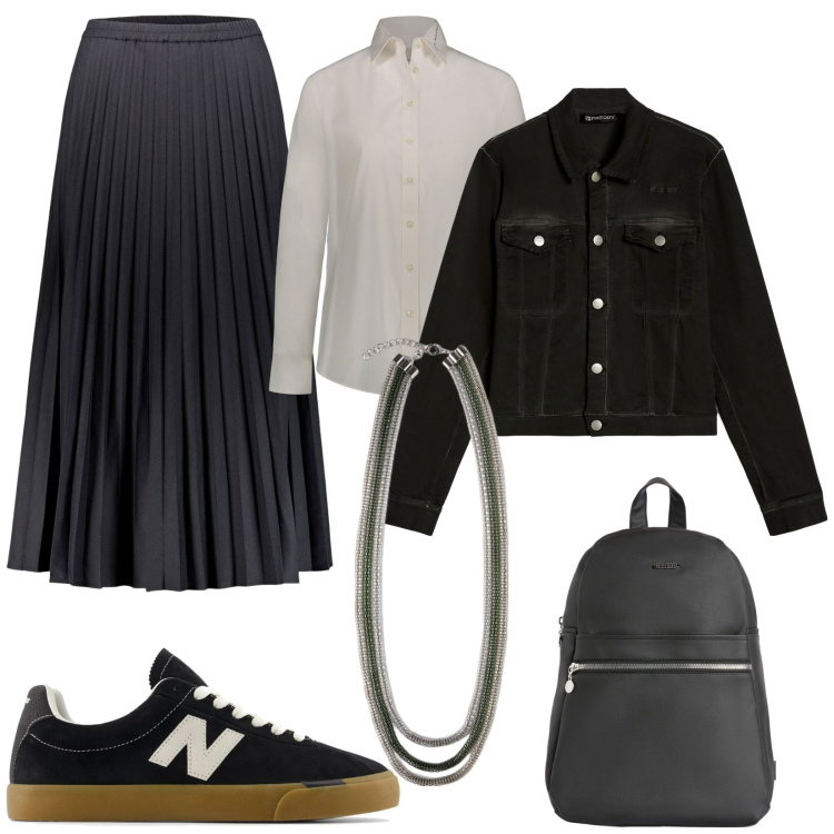Outfit donna - Gonna sporty-chic. Stile Sporty chic per Tutti i giorni. Abbinamento con sneakers, zaini, blazer, gonne lunghe, camicie, collane.