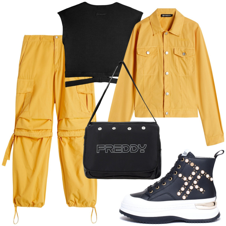 Outfit donna - Sport style. Stile Sporty chic per Scuola/Università. Abbinamento con sneakers, pantaloni cargo, borse messenger, blazer, t-shirt.