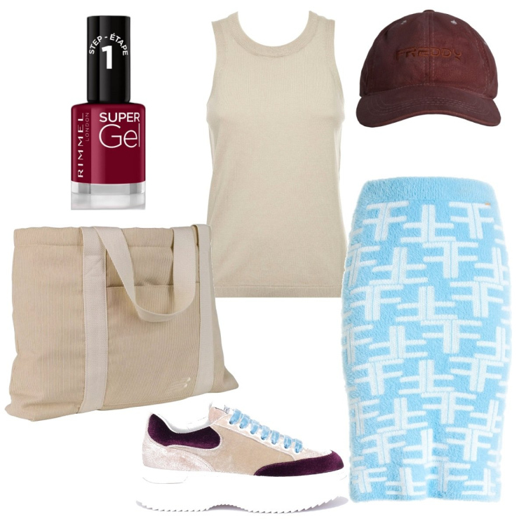 Outfit donna - Aperitivo al Padel Club. Stile Sporty chic per Tutti i giorni. Abbinamento con smalti, shopping bag, sneakers, gonne longuette, cappelli, top.