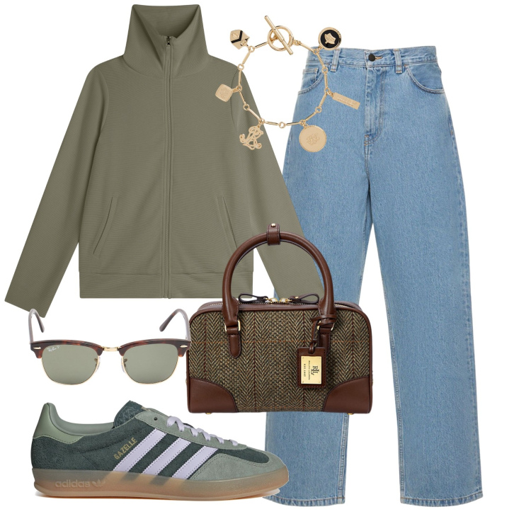 Outfit donna - City. Stile Casual chic per Tutti i giorni. Abbinamento con felpe, borse a mano, braccialetti con ciondoli, sneakers, jeans, occhiali da sole.